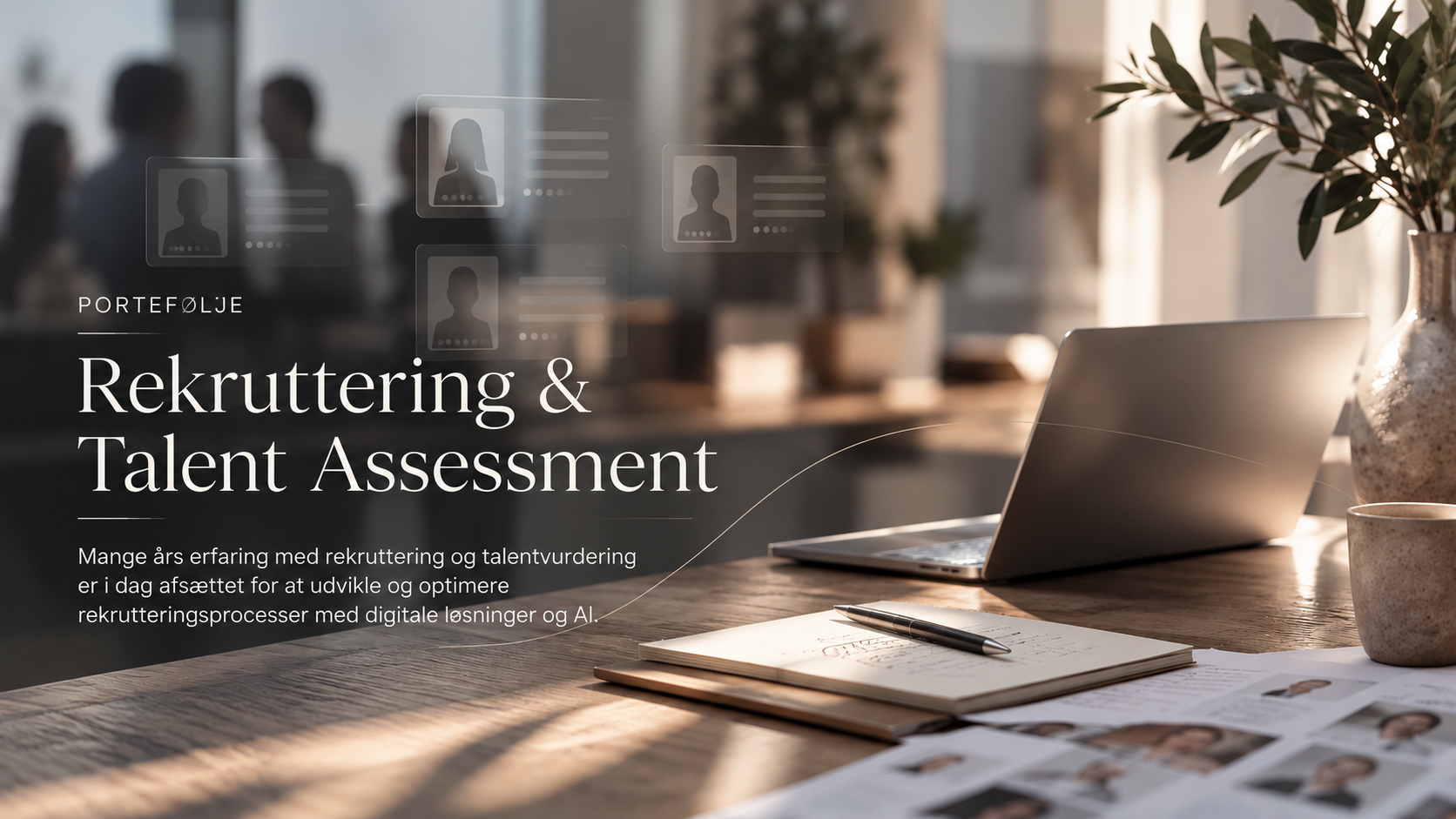 Portefølje: Rekruttering og Talent Assessment. Mange års erfaring med rekruttering og talentvurdering er i dag afsat for at udvikle og optimere rekrutteringsprocesser med digitale løsninger og AI.